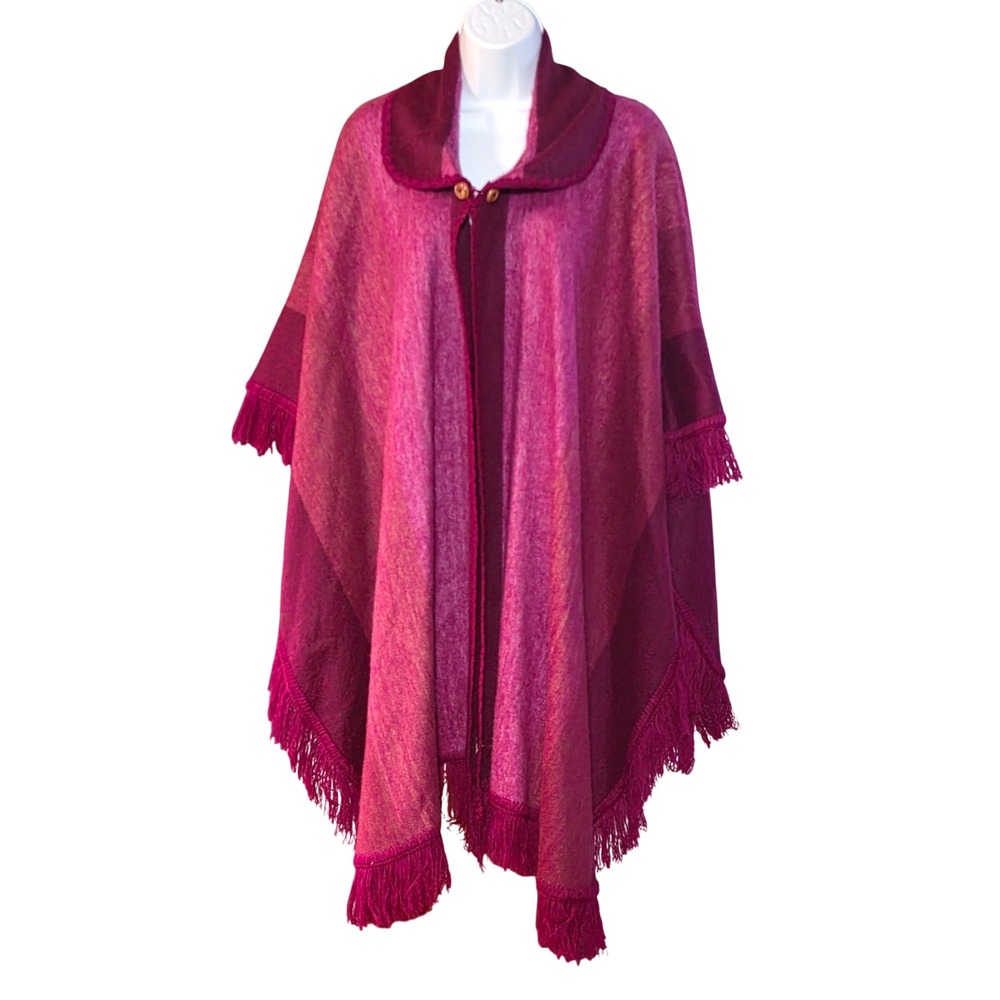 Textiles Ruiz Alpaca Blend Striped Poncho Wrap Fringe Purple Magenta Ecuador O/S